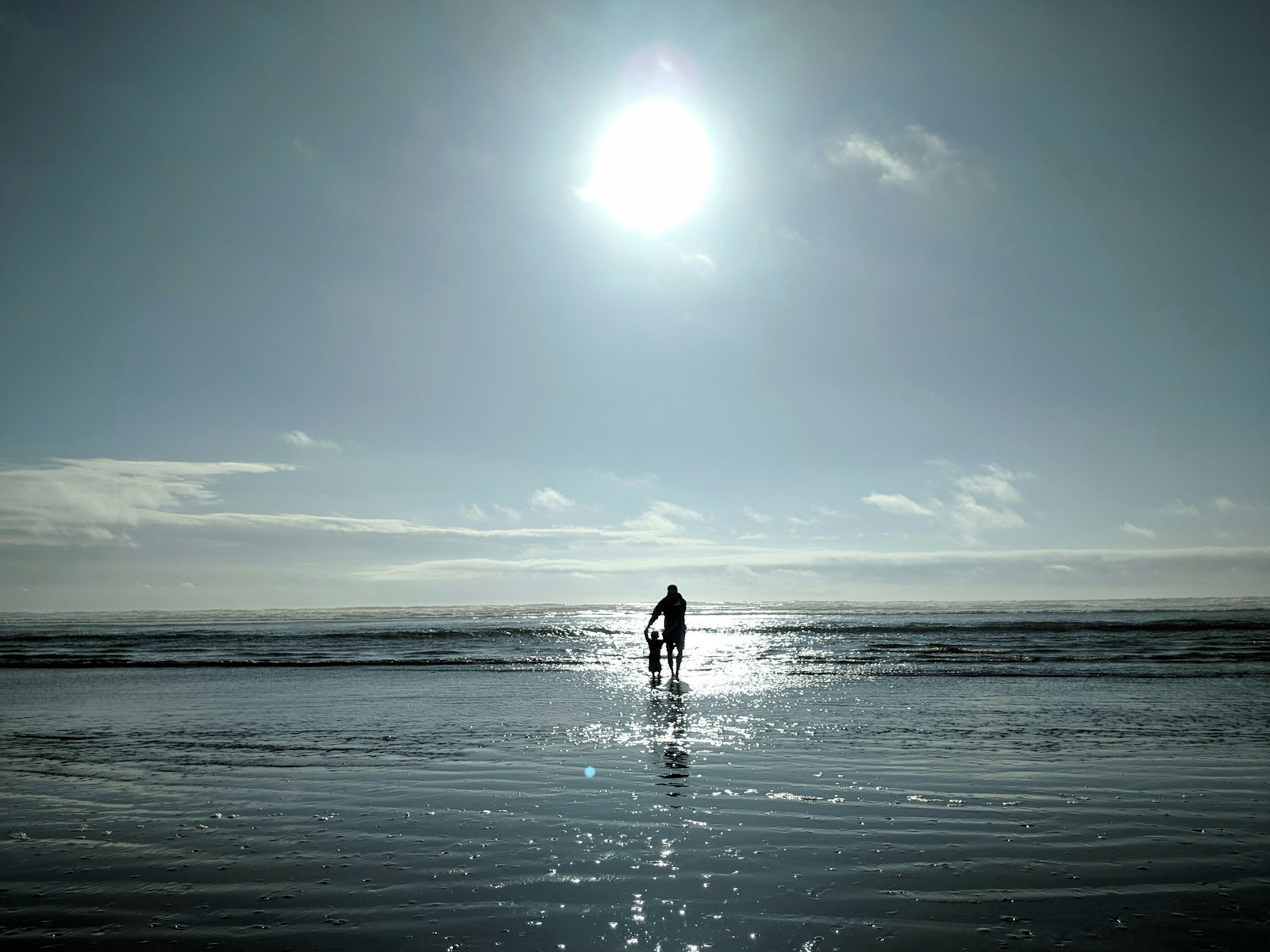 A father and toddler walk hand in hand at the water's edge